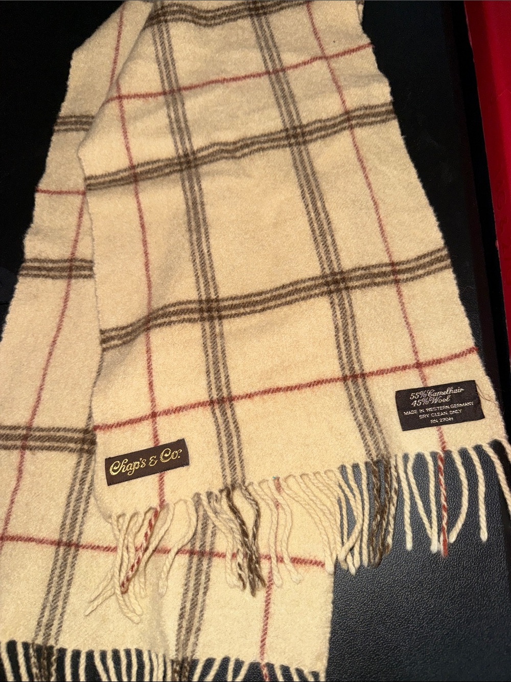 Classic Cream Plaid Wool Scarf with Fringe